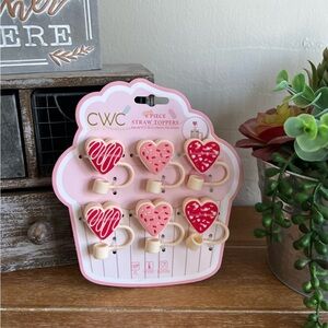 6 New Frosted Heart DecoratedStraw Toppers